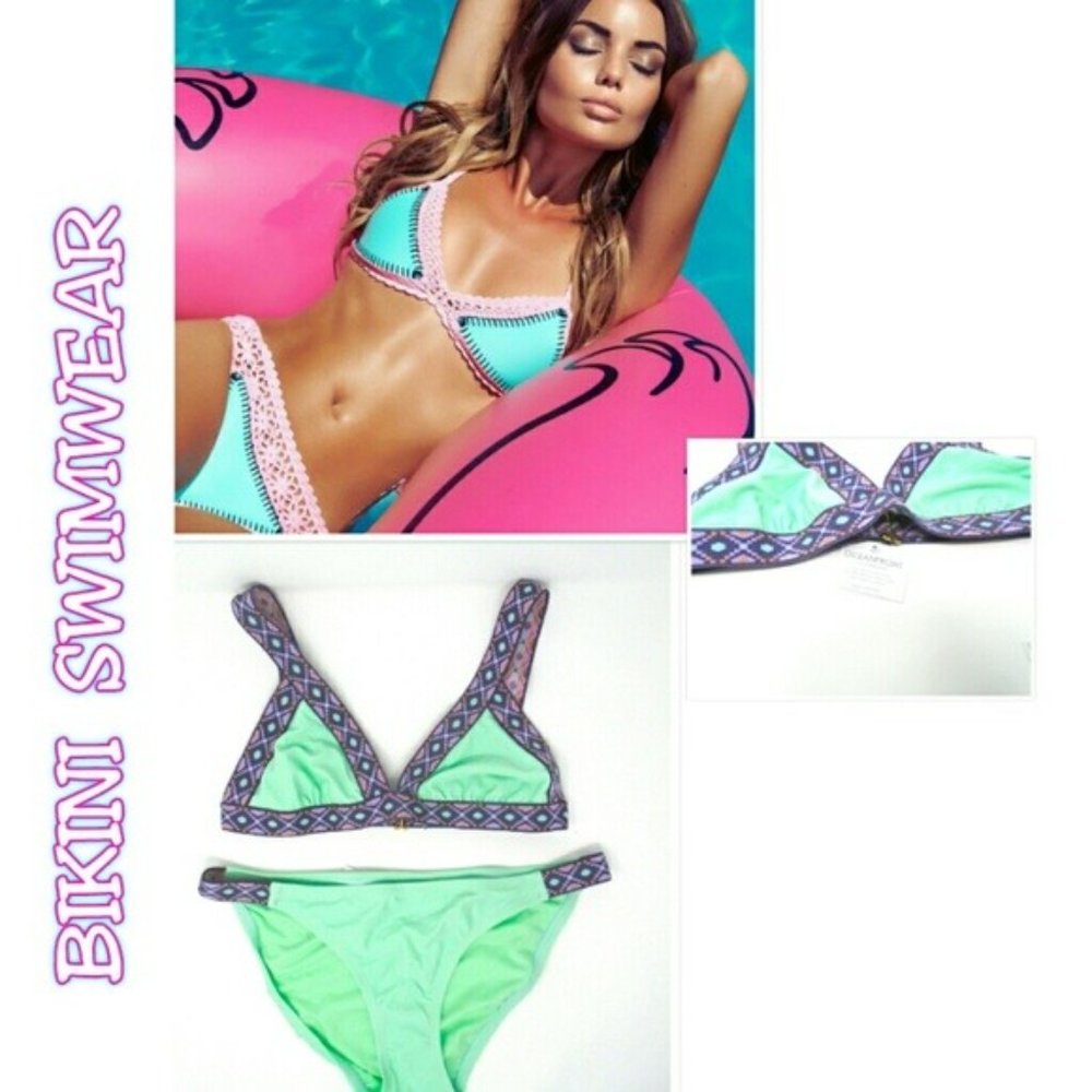 BANDAGE AZTEC PRINT MINT & PURPLE BIKINI - Picture 2 of 6